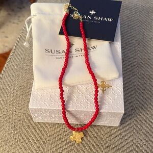 Susan Shaw Red Coral Necklace with Gold Cross - NWT